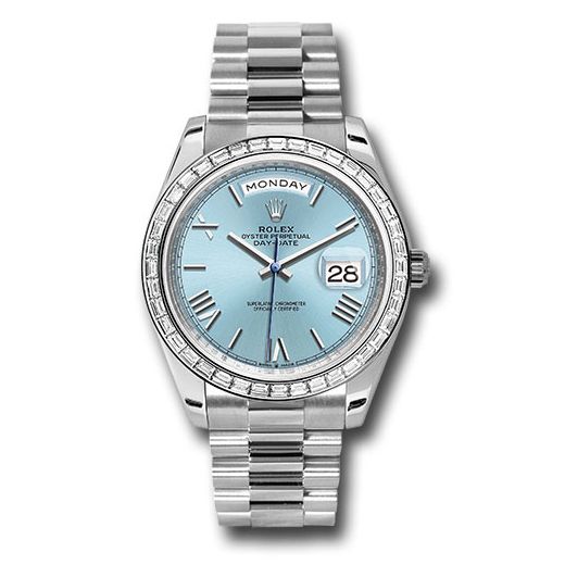 Đồng hồ Rolex Platinum Day-Date Baguette-Cut Diamond Diamond Bezel Ice Blue Roman Dial President Bracelet 228396tbr ibrp 40mm
