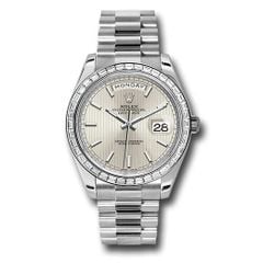 Đồng hồ Rolex 950 Platinum Day-Date Baguette-Cut Diamond Bezel Silver Strip Motif Index Dial President Bracelet 228396TBR ssmip 40mm