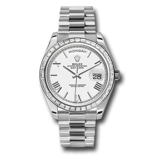 Đồng hồ Rolex 950 Platinum Day-Date Baguette-Cut Diamond Bezel White Bevelled Roman Dial President Bracelet 228396TBR wrp 40mm