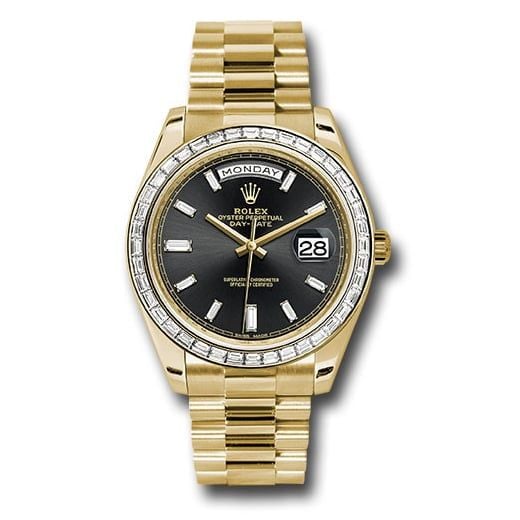 Đồng hồ Rolex Yellow Gold Day-Date Baguette Diamond Bezel Black Baguette Diamond Dial President Bracelet 228398TBR bkbdp 40mm