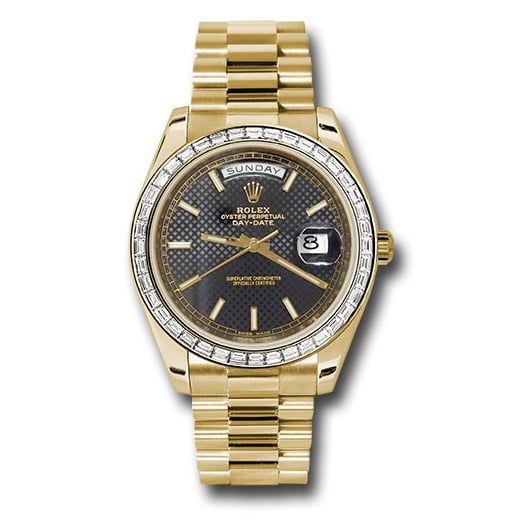 Đồng hồ Rolex Yellow Gold Day-Date Baguette Diamond Bezel Black Diagonal Motif Index Dial President Bracelet 228398TBR bkdmip 40mm