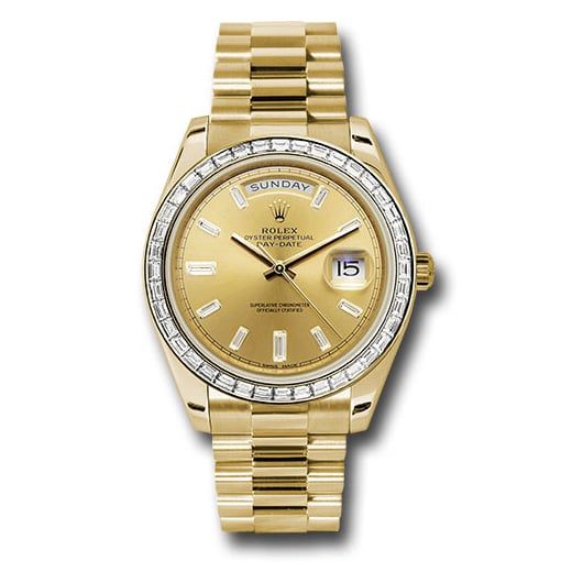 Đồng hồ Rolex Yellow Gold Day-Date Baguette Diamond Bezel Champagne Baguette Diamond Dial President Bracelet 228398TBR chbdp 40mm