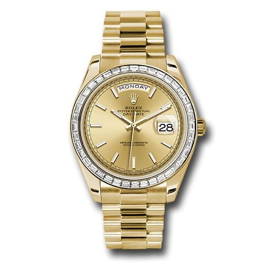 Đồng hồ Rolex Yellow Gold Day-Date Baguette Diamond Bezel Champagne Index Dial President Bracelet 228398TBR chip 40mm