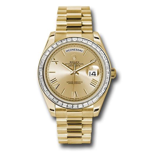 Đồng hồ Rolex Yellow Gold Day-Date Baguette Diamond Bezel Champagne Bevelled Roman Dial President Bracelet 228398TBR chrp 40mm