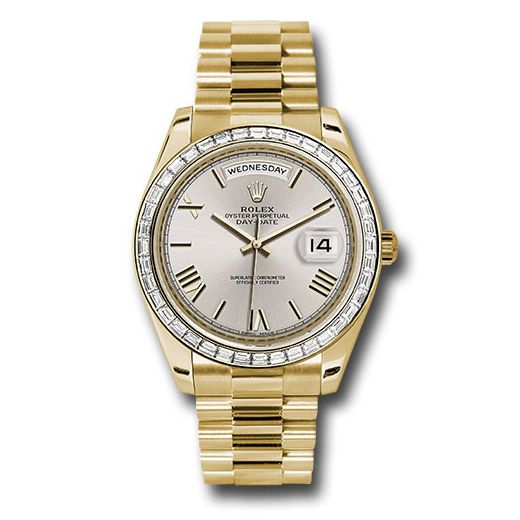 Đồng hồ Rolex Yellow Gold Day-Date Baguette Diamond Bezel Silver Bevelled Roman Dial President Bracelet 228398TBR sdrp 40mm
