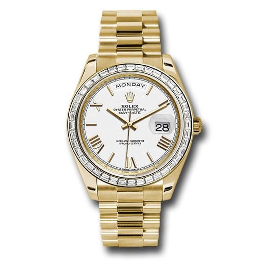 Đồng hồ Rolex Yellow Gold Day-Date Baguette Diamond Bezel White Bevelled Roman Dial President Bracelet 228398TBR wrp 40mm