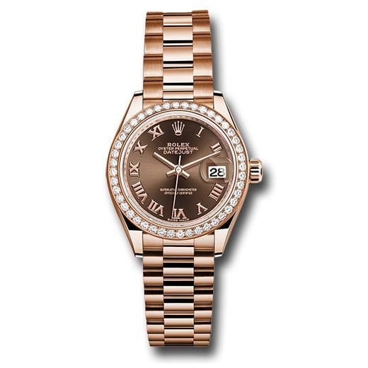 Đồng hồ Rolex Everose Gold Lady-Datejust 44 Diamond Bezel Chocolate Roman Dial President Bracelet 279135RBR chorp 28mm