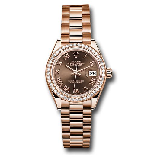 Đồng hồ Rolex Everose Gold Lady-Datejust 44 Diamond Bezel Chocolate Roman Dial President Bracelet 279135RBR chorp 28mm