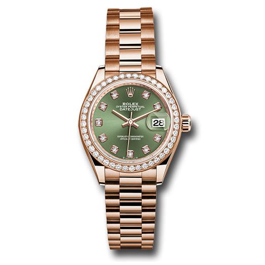 Đồng hồ Rolex Everose Gold Lady-Datejust Diamond Bezel Olive Green Diamond Dial President Bracelet 279135rbr ogdp 28mm