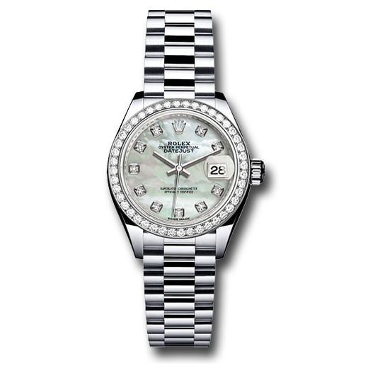Đồng hồ Rolex Platinum Lady-Datejust 44 Diamond Bezel Mother-of-Pearl Diamond Dial President Bracelet 279136RBR mdp 28mm