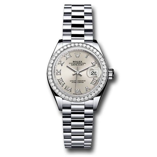 Đồng hồ Rolex Platinum Lady-Datejust 44 Diamond Bezel Silver Roman Dial President Bracelet 279136RBR srp 28mm