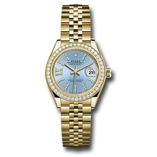 Đồng hồ Rolex Yellow Gold Lady-Datejust 44 Diamond Bezel Cornflower Blue Stripe Diamond Index Dial Jubilee Bracelet 279138RBR cbls36dix8dj 28mm
