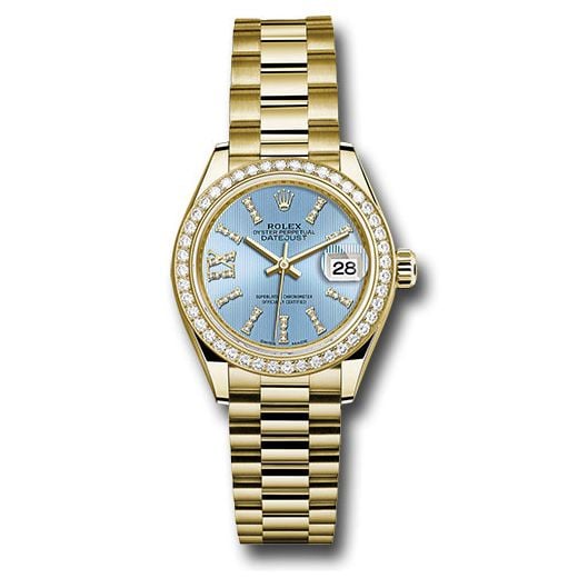 Đồng hồ Rolex Yellow Gold Lady-Datejust 44 Diamond Bezel Cornflower Blue Stripe Diamond Index Dial President Bracelet 279138RBR cbls36dix8dp 28mm