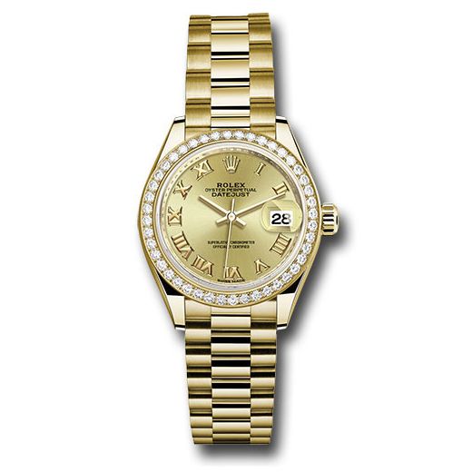 Đồng hồ Rolex Yellow Gold Lady-Datejust 44 Diamond Bezel Champagne Roman Dial President Bracelet 279138RBR chrp 28mm