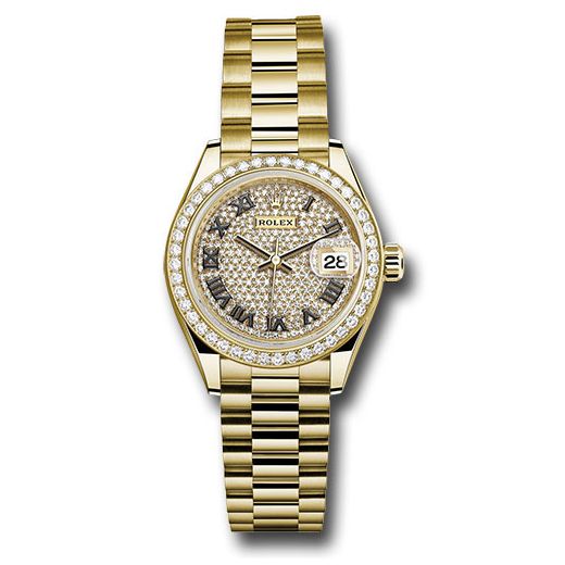 Đồng hồ Rolex Yellow Gold Lady-Datejust 44 Diamond Bezel Diamond Paved Roman Dial President Bracelet 279138RBR dprp 28mm