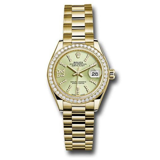 Đồng hồ Rolex Yellow Gold Lady-Datejust 44 Diamond Bezel Linden Green Strip Diamond Index Dial President Bracelet 279138RBR lings36dix8dp 28mm