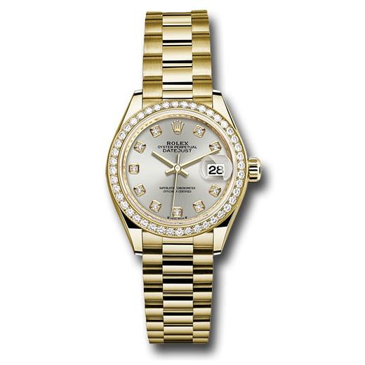 Đồng hồ Rolex Yellow Gold Lady-Datejust 44 Diamond Bezel Silver Diamond Dial President Bracelet 279138rbr sdp 28mm