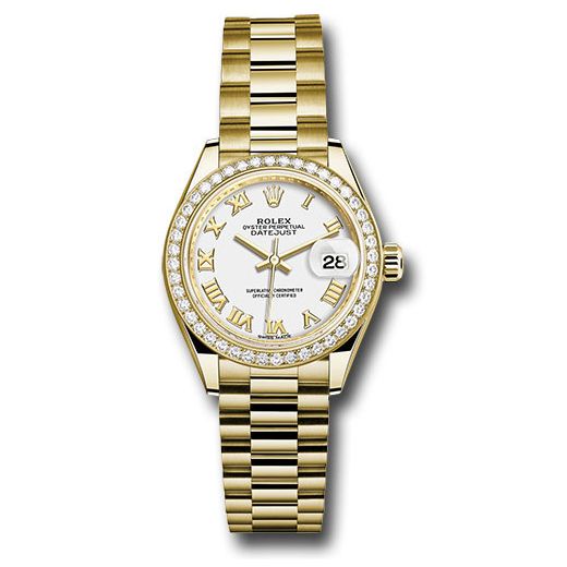 Đồng hồ Rolex Yellow Gold Lady-Datejust 44 Diamond Bezel White Roman Dial President Bracelet 279138RBR wrp 28mm