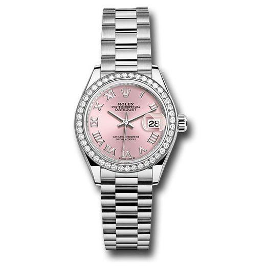 Đồng hồ Rolex White Gold Lady-Datejust 44 Diamond Bezel Pink Roman Dial President Bracelet 279139rbr prp 28mm