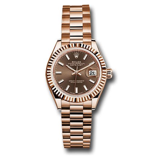 Đồng hồ Rolex Everose Gold Lady-Datejust Fluted Bezel Chocolate Index Dial President Bracelet 279175 choip 28mm