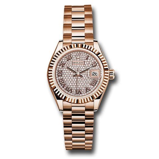 Đồng hồ Rolex Everose Gold Lady-Datejust Fluted Bezel Diamond-Paved Diamond Roman Dial President Bracelet 279175 dprp 28mm