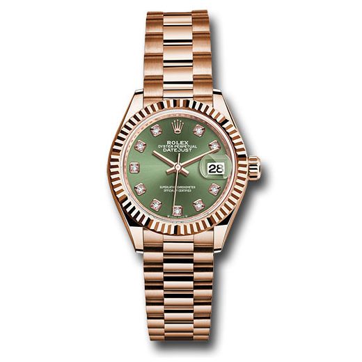 Đồng hồ Rolex Everose Gold Lady-Datejust Fluted Bezel Olive Green Diamond Dial President Bracelet 279175 ogdp 28mm