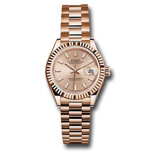 Đồng hồ Rolex Everose Gold Lady-Datejust Fluted Bezel Pink Sundust Index Dial President Bracelet 279175 pip 28mm