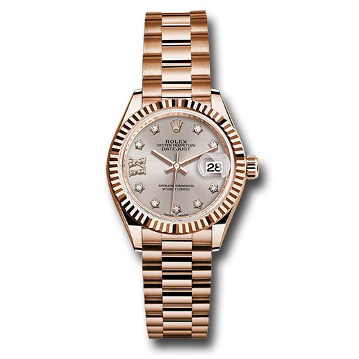 Đồng hồ Rolex Everose Gold Lady-Datejust Fluted Bezel Silver Sundust Diamond Star Dial President Bracelet 279175 s9dix8dp 28mm