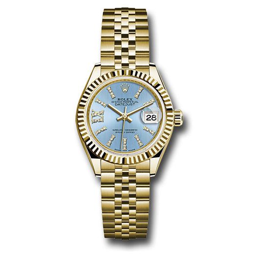 Đồng hồ Rolex Yellow Gold Lady-Datejust Fluted Bezel Cornflower Blue Stripe Diamond Index Dial Jubilee Bracelet 279178 cbls36dix8dj 28mm