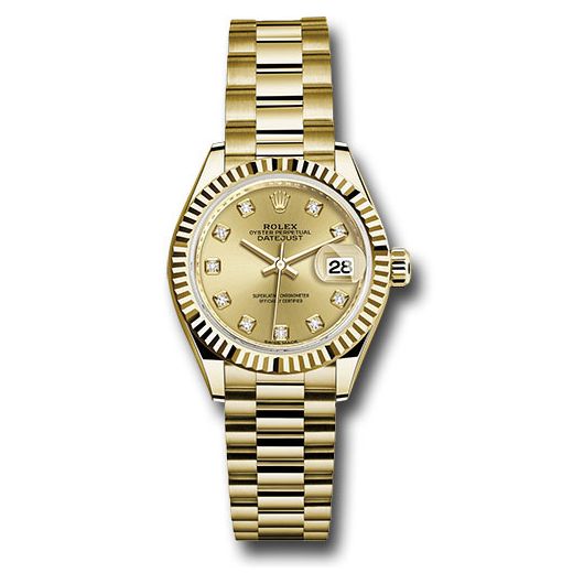 Đồng hồ Rolex Yellow Gold Lady-Datejust Fluted Bezel Champagne Diamond Dial President Bracelet 279178 chdp 28mm