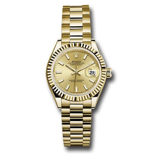 Đồng hồ Rolex Yellow Gold Lady-Datejust Fluted Bezel Champagne Index Dial President Bracelet 279178 chip 28mm