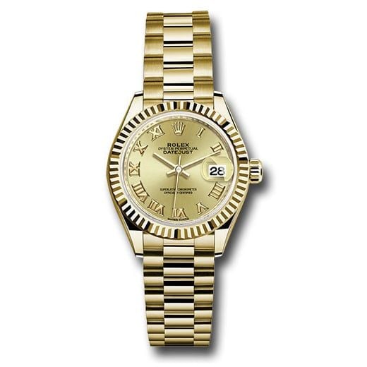 Đồng hồ Rolex Yellow Gold Lady-Datejust Fluted Bezel Champagne Roman Dial President Bracelet 279178 chrp 28mm