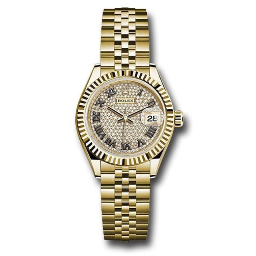 Đồng hồ Rolex Yellow Gold Lady-Datejust Fluted Bezel Diamond Paved Roman Dial Jubilee Bracelet 279178 dprj 28mm
