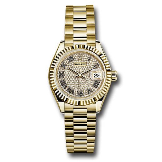 Đồng hồ Rolex Yellow Gold Lady-Datejust Fluted Bezel Diamond Paved Roman Dial President Bracelet 279178 dprp 28mm