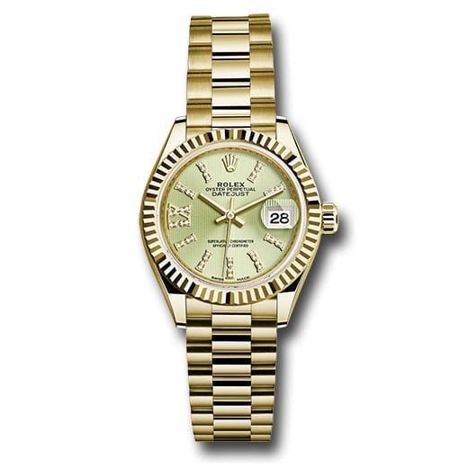 Đồng hồ Rolex Yellow Gold Lady-Datejust Fluted Bezel Linden Green Strip Diamond Index Dial President Bracelet 279178 lings36dix8dp 28mm
