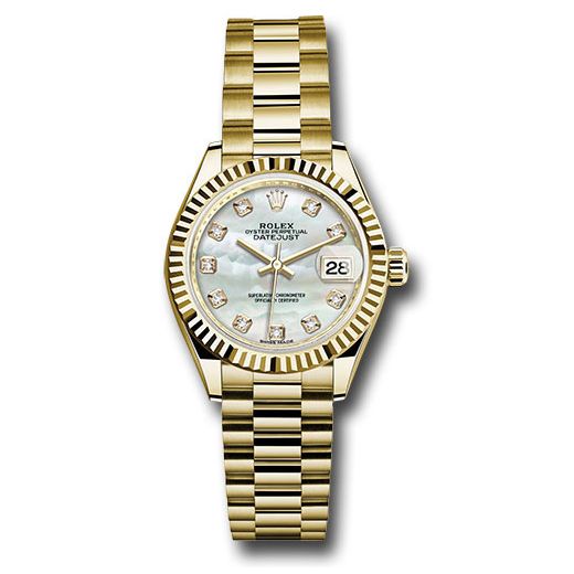 Đồng hồ Rolex Yellow Gold Lady-Datejust Fluted Bezel Mother-of-Pearl Diamond Dial President Bracelet 279178 mdp 28mm