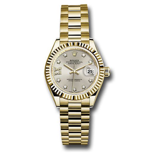 Đồng hồ Rolex Yellow Gold Lady-Datejust Fluted Bezel Silver Diamond Star Dial President Bracelet 279178 s9dix8dp 28mm