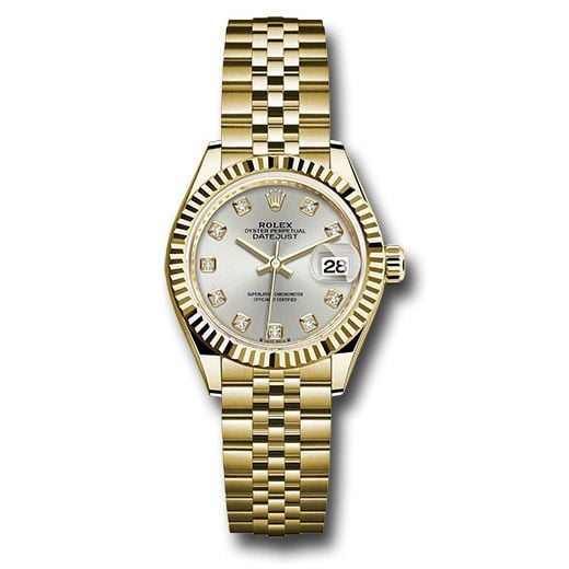 Đồng hồ Rolex Yellow Gold Lady-Datejust Fluted Bezel Silver Diamond Dial Jubilee Bracelet 279178 sdj 28mm
