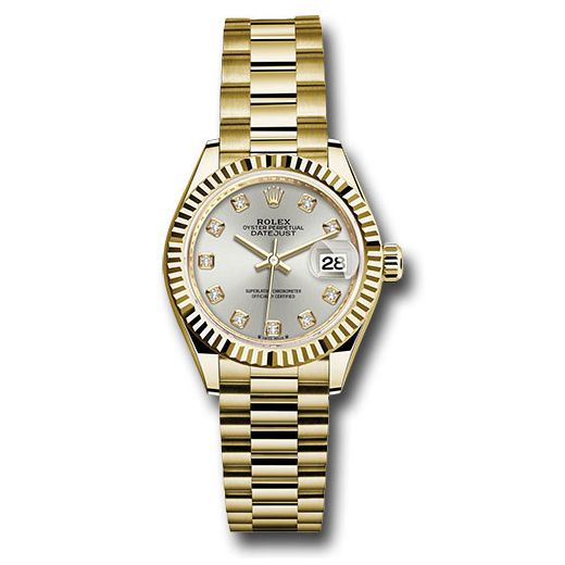 Đồng hồ Rolex Yellow Gold Lady-Datejust Fluted Bezel Silver Diamond Dial President Bracelet 279178 sdp 28mm