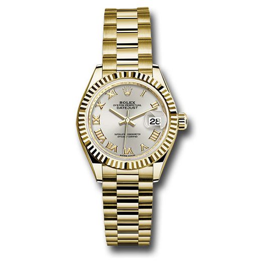 Đồng hồ Rolex Yellow Gold Lady-Datejust Fluted Bezel Silver Roman Dial President Bracelet 279178 srp 28mm