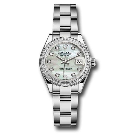 Đồng hồ Rolex Steel & White Gold Rolesor Lady-Datejust 44 Diamond Bezel White Mother-Of-Pearl Diamond Dial Oyster Bracelet 279384RBR mdo 28mm