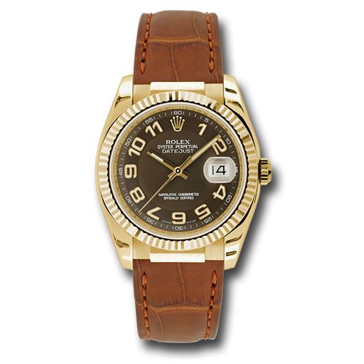 Đồng hồ Rolex Yellow Gold Datejust Fluted Bezel Brown Arabic Dial Brown Leather 116138 brab 36mm