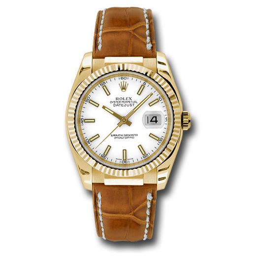 Đồng hồ Rolex Yellow Gold Datejust Fluted Bezel White Index Dial Brown Leather 116138 wsb 36mm