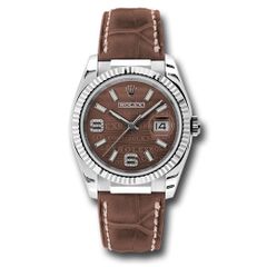 Đồng hồ Rolex White Gold Datejust Fluted Bezel Brown Wave Diamond 6 & 9 Arabic Dial Brown Leather 116139 brwdab 36mm