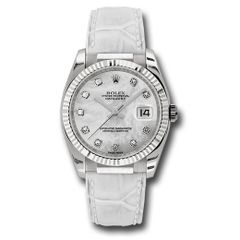 Đồng hồ Rolex White Gold Datejust Fluted Bezel Mother-Of-Pearl Diamond Dial Leather 116139 mdw 36mm