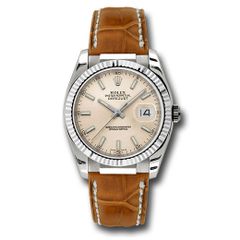 Đồng hồ Rolex White Gold Datejust Fluted Bezel Pink Index Dial Brown Leather 116139 psb 36mm