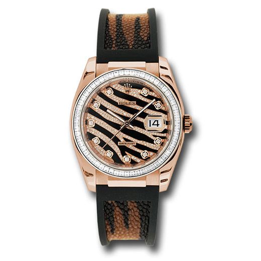 Đồng hồ Rolex Pink Gold Datejust Royal Pink Baguette Diamond Bezel Black & Diamond Paved Dial Galuchat 116185 BBR 36mm