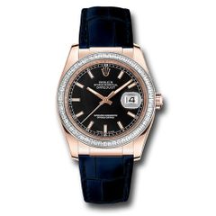 Đồng hồ Rolex Everose Gold Datejust 60 Diamond Bezel Black Index Dial Blue Leather Strap 116185BBR bkibl 36mm