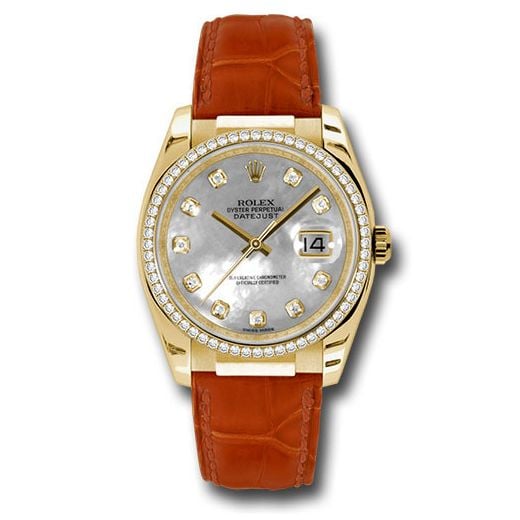 Đồng hồ Rolex Yellow Gold Datejust 60 Diamond Bezel Mother-Of-Pearl Diamond Dial Leather 116188 md 36mm