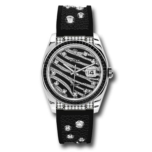 Đồng hồ Rolex White Gold Datejust Royal Black 60 Baguette Black Sapphires Bezel Black & Diamond Paved Dial Galuchat 116199 SANR 36mm